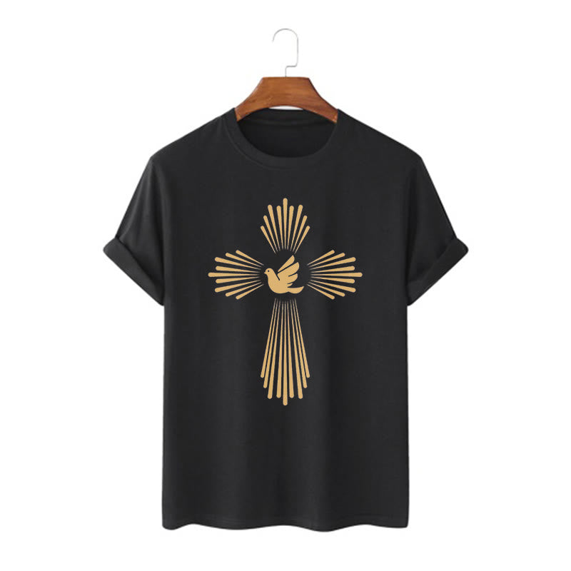 Christianartworkshop Minimalist Style Holy Spirit Dove Golden Cross and Short Sleeve T-shirt