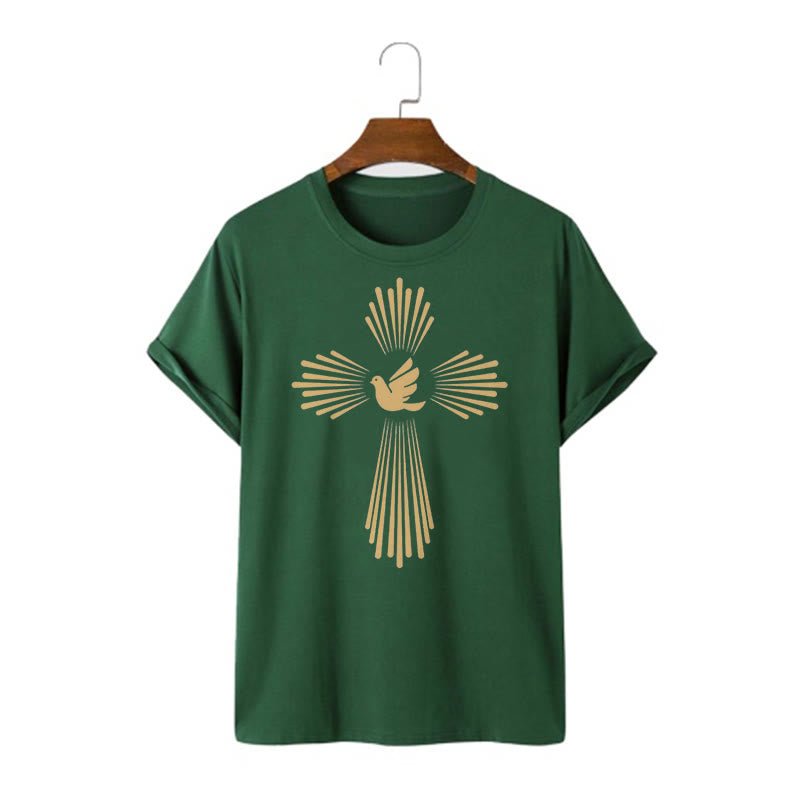Christianartworkshop Minimalist Style Holy Spirit Dove Golden Cross and Short Sleeve T-shirt