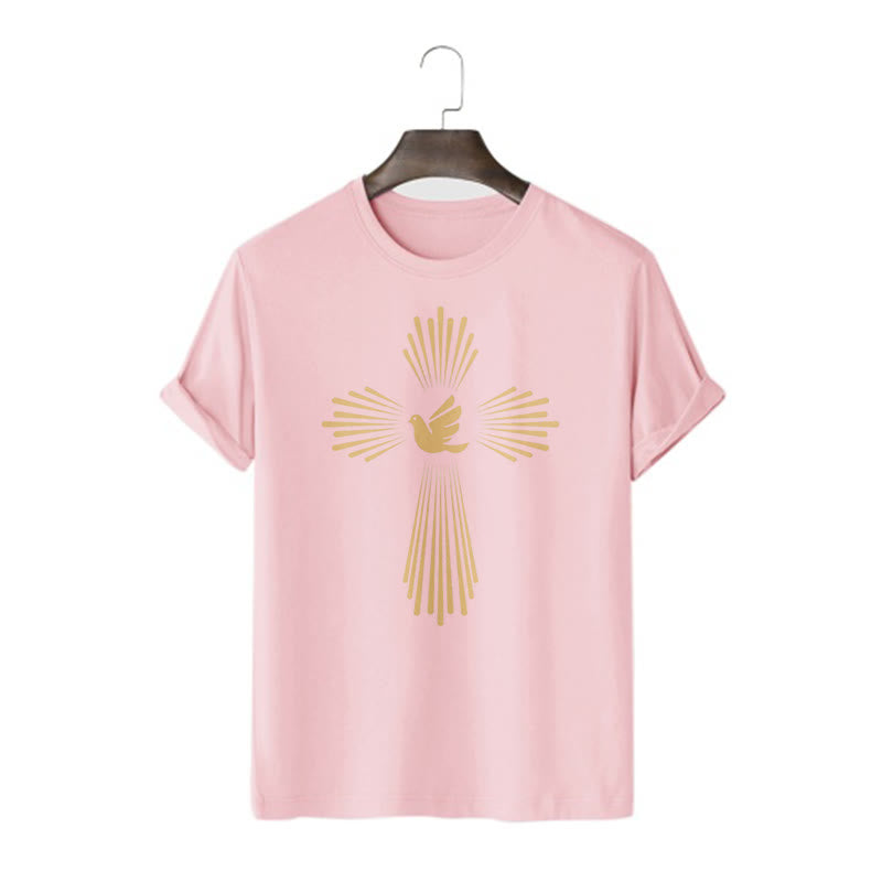 Christianartworkshop Minimalist Style Holy Spirit Dove Golden Cross and Short Sleeve T-shirt