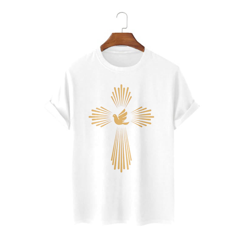 Christianartworkshop Minimalist Style Holy Spirit Dove Golden Cross and Short Sleeve T-shirt