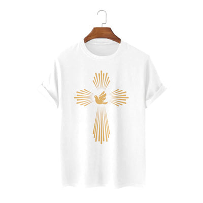 Christianartworkshop Minimalist Style Holy Spirit Dove Golden Cross and Short Sleeve T-shirt
