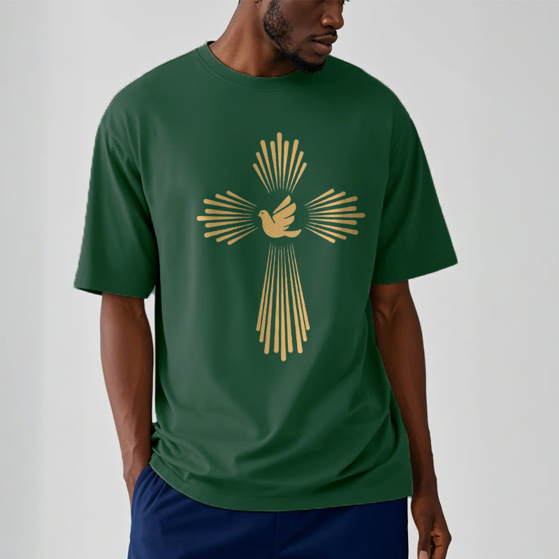 Christianartworkshop Minimalist Style Holy Spirit Dove Golden Cross and Short Sleeve T-shirt
