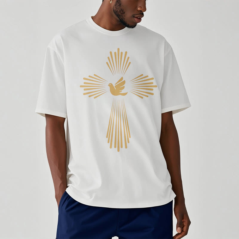 Christianartworkshop Minimalist Style Holy Spirit Dove Golden Cross and Short Sleeve T-shirt
