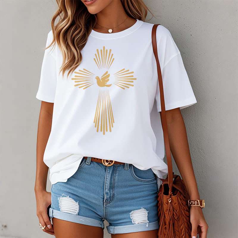 Christianartworkshop Minimalist Style Holy Spirit Dove Golden Cross and Short Sleeve T-shirt