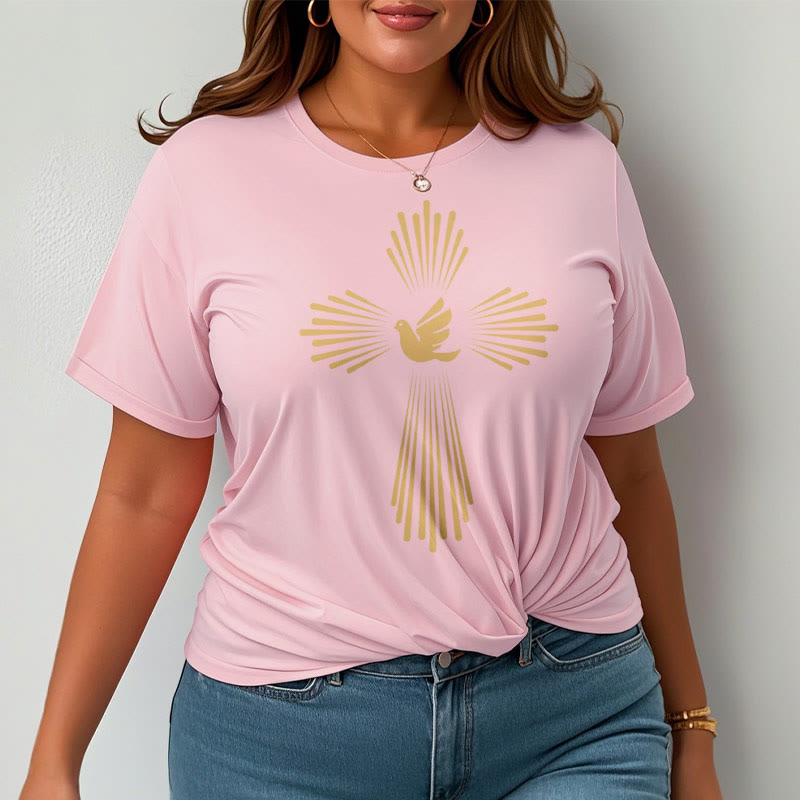 Christianartworkshop Minimalist Style Holy Spirit Dove Golden Cross and Short Sleeve T-shirt