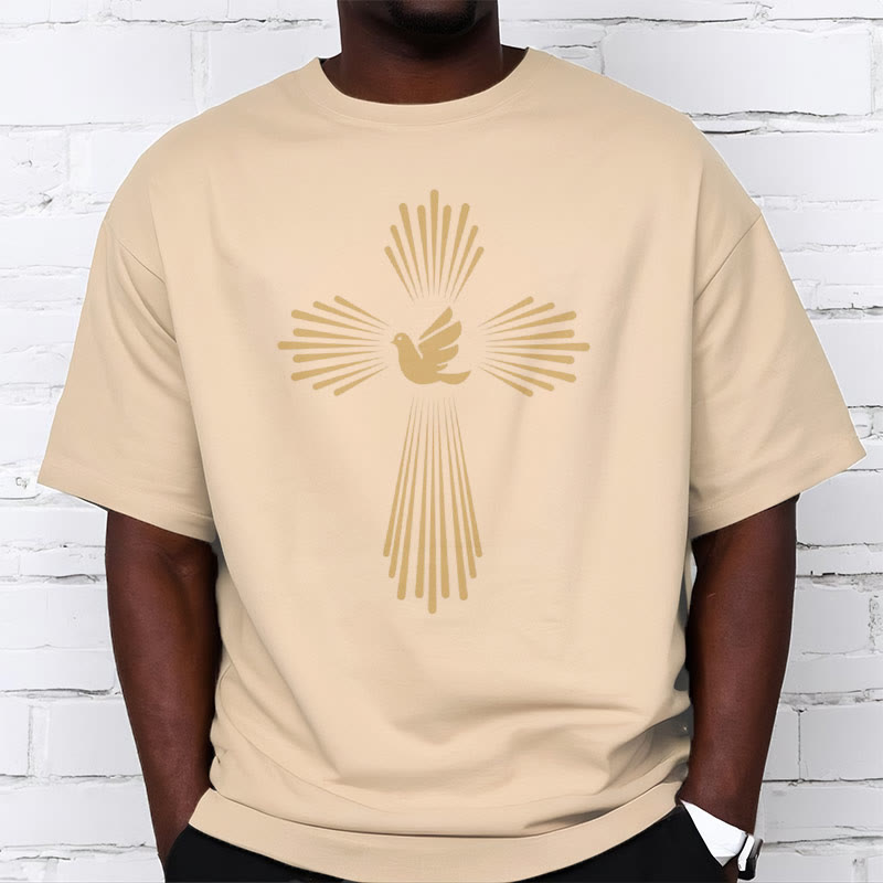 Christianartworkshop Minimalist Style Holy Spirit Dove Golden Cross and Short Sleeve T-shirt