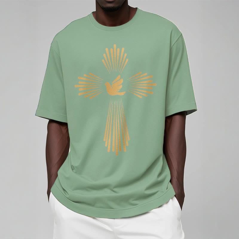 Christianartworkshop Minimalist Style Holy Spirit Dove Golden Cross and Short Sleeve T-shirt