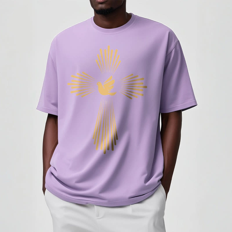 Christianartworkshop Minimalist Style Holy Spirit Dove Golden Cross and Short Sleeve T-shirt