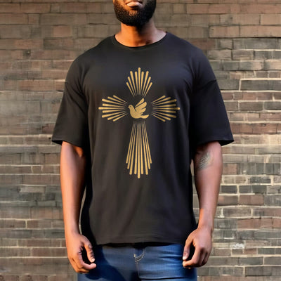 Christianartworkshop Minimalist Style Holy Spirit Dove Golden Cross and Short Sleeve T-shirt