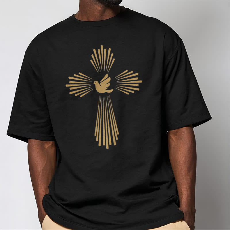 Christianartworkshop Minimalist Style Holy Spirit Dove Golden Cross and Short Sleeve T-shirt