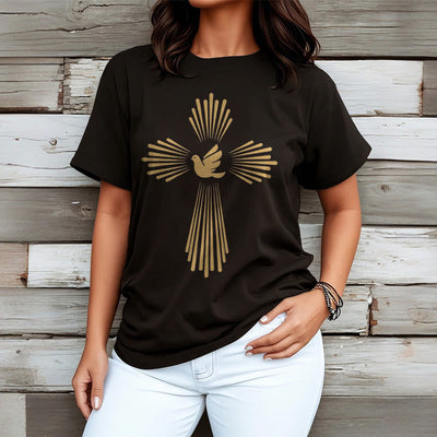 Christianartworkshop Minimalist Style Holy Spirit Dove Golden Cross and Short Sleeve T-shirt