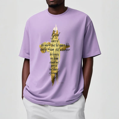 Christianartworkshop Quotation Style Golden Cross Scripture - John 3:16 Short Sleeve T-shirt