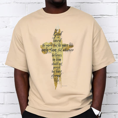 Christianartworkshop Quotation Style Golden Cross Scripture - John 3:16 Short Sleeve T-shirt