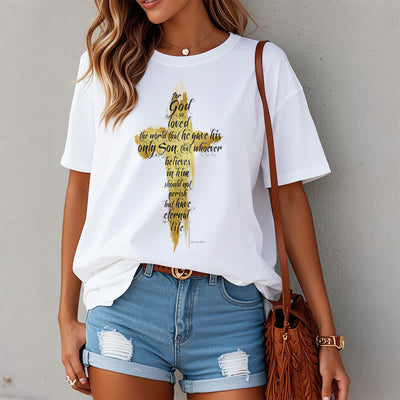 Christianartworkshop Quotation Style Golden Cross Scripture - John 3:16 Short Sleeve T-shirt
