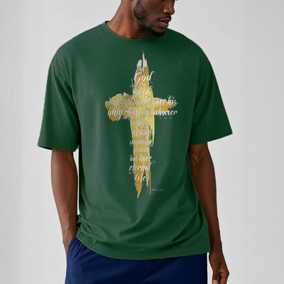 Christianartworkshop Quotation Style Golden Cross Scripture - John 3:16 Short Sleeve T-shirt