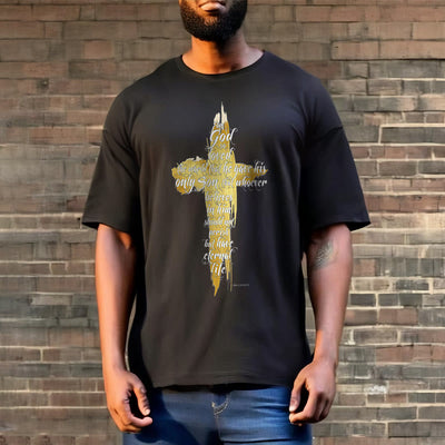 Christianartworkshop Quotation Style Golden Cross Scripture - John 3:16 Short Sleeve T-shirt