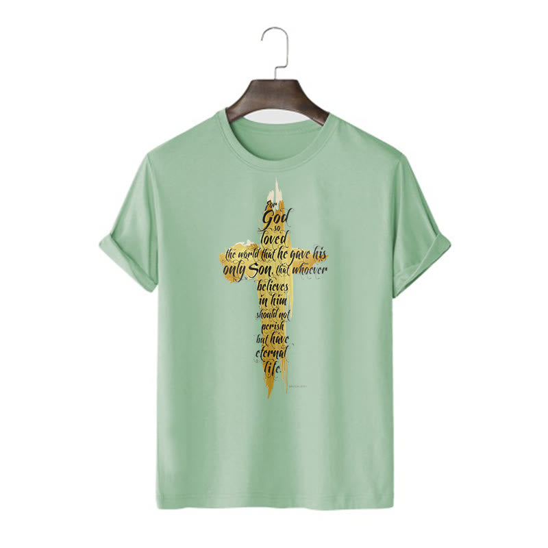 Christianartworkshop Quotation Style Golden Cross Scripture - John 3:16 Short Sleeve T-shirt