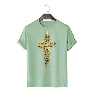 Christianartworkshop Quotation Style Golden Cross Scripture - John 3:16 Short Sleeve T-shirt