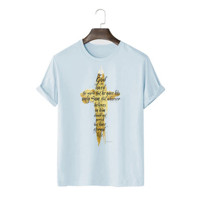 Christianartworkshop Quotation Style Golden Cross Scripture - John 3:16 Short Sleeve T-shirt