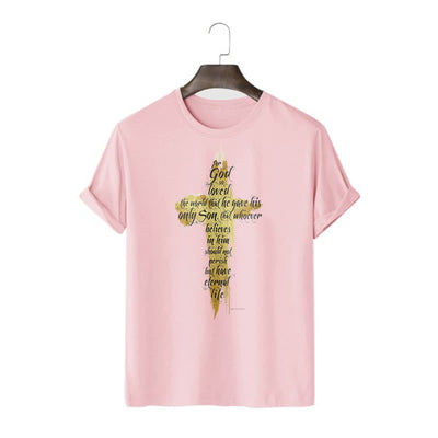 Christianartworkshop Quotation Style Golden Cross Scripture - John 3:16 Short Sleeve T-shirt