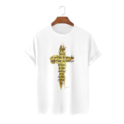 Christianartworkshop Quotation Style Golden Cross Scripture - John 3:16 Short Sleeve T-shirt
