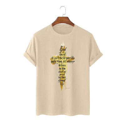 Christianartworkshop Quotation Style Golden Cross Scripture - John 3:16 Short Sleeve T-shirt