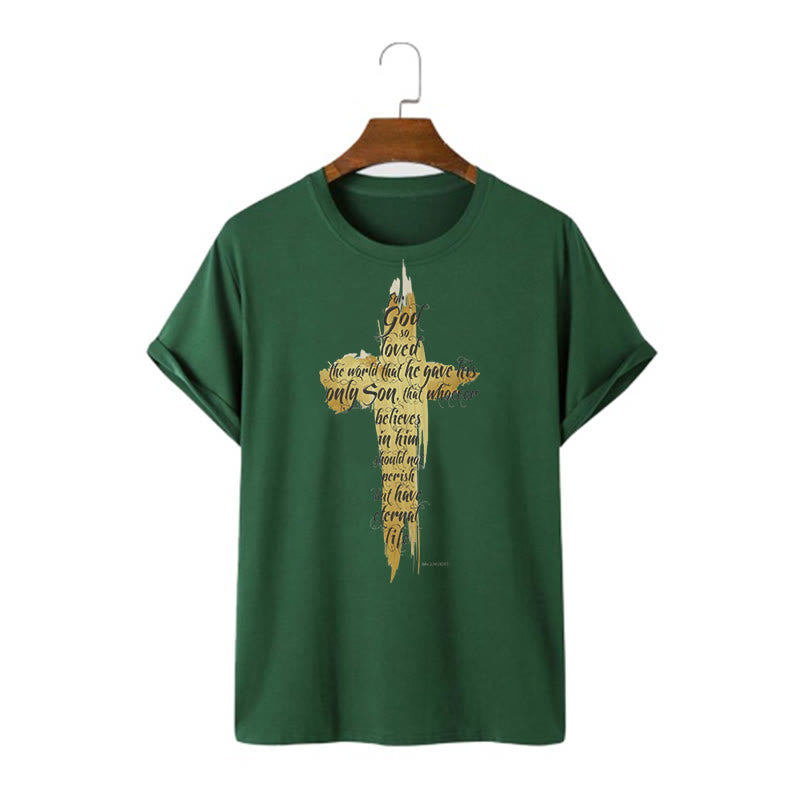 Christianartworkshop Quotation Style Golden Cross Scripture - John 3:16 Short Sleeve T-shirt