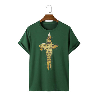 Christianartworkshop Quotation Style Golden Cross Scripture - John 3:16 Short Sleeve T-shirt
