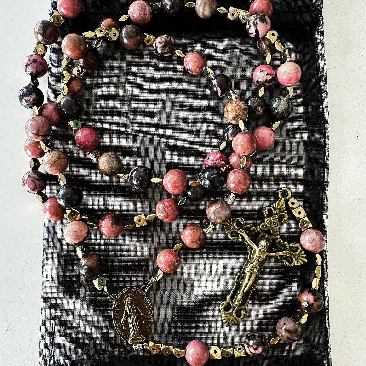 FREE Today: Miraculous Medal & Crucifix of 6 mm Round Multicolor Natural Black Line Rosary
