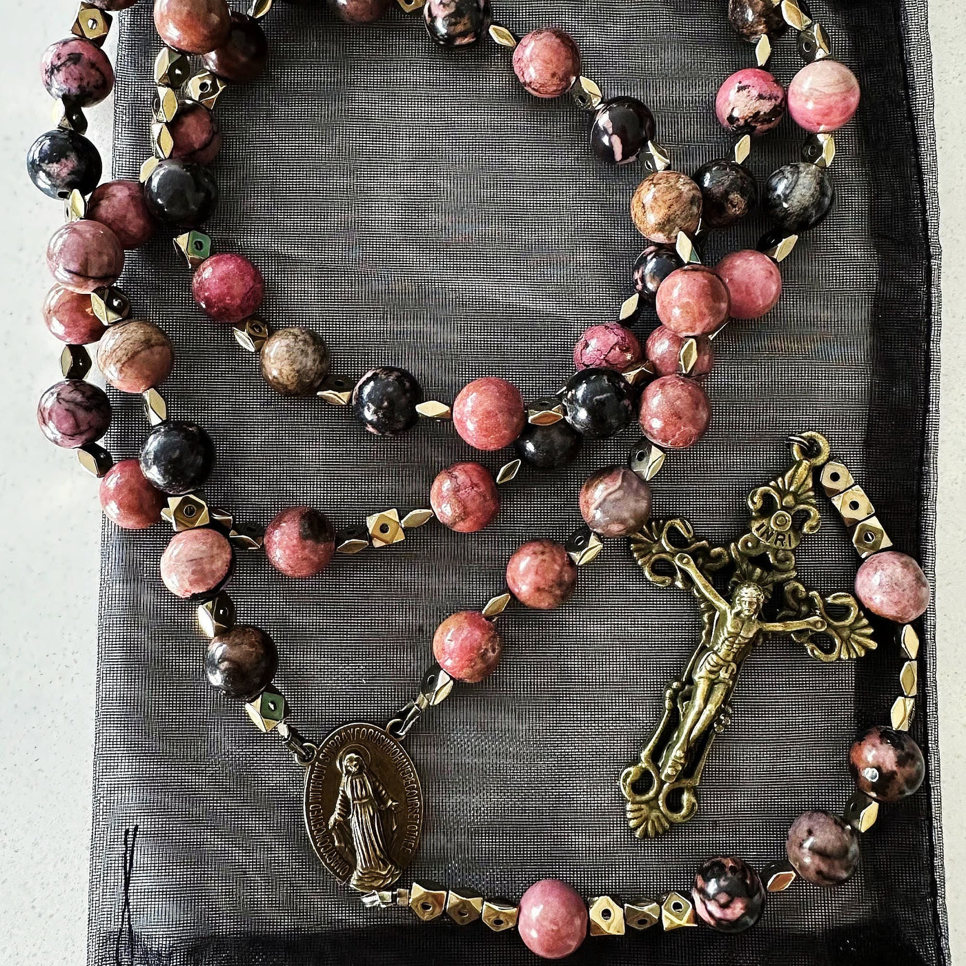 FREE Today: Miraculous Medal & Crucifix of 6 mm Round Multicolor Natural Black Line Rosary