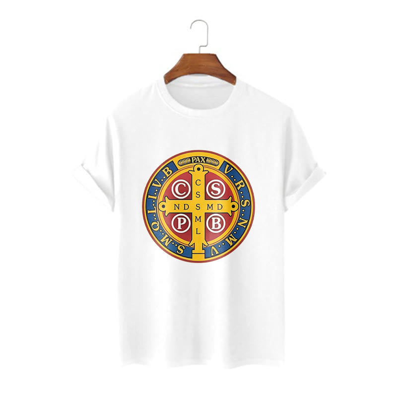 Christianartworkshop Classic Style Golden St. Benedict Medal Short Sleeve T-shirt