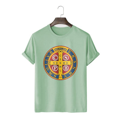 Christianartworkshop Classic Style Golden St. Benedict Medal Short Sleeve T-shirt