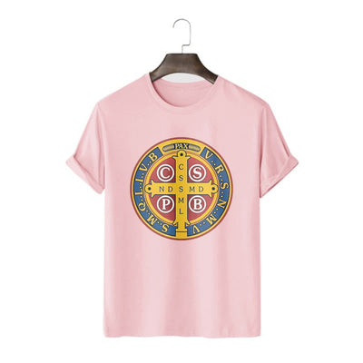 Christianartworkshop Classic Style Golden St. Benedict Medal Short Sleeve T-shirt