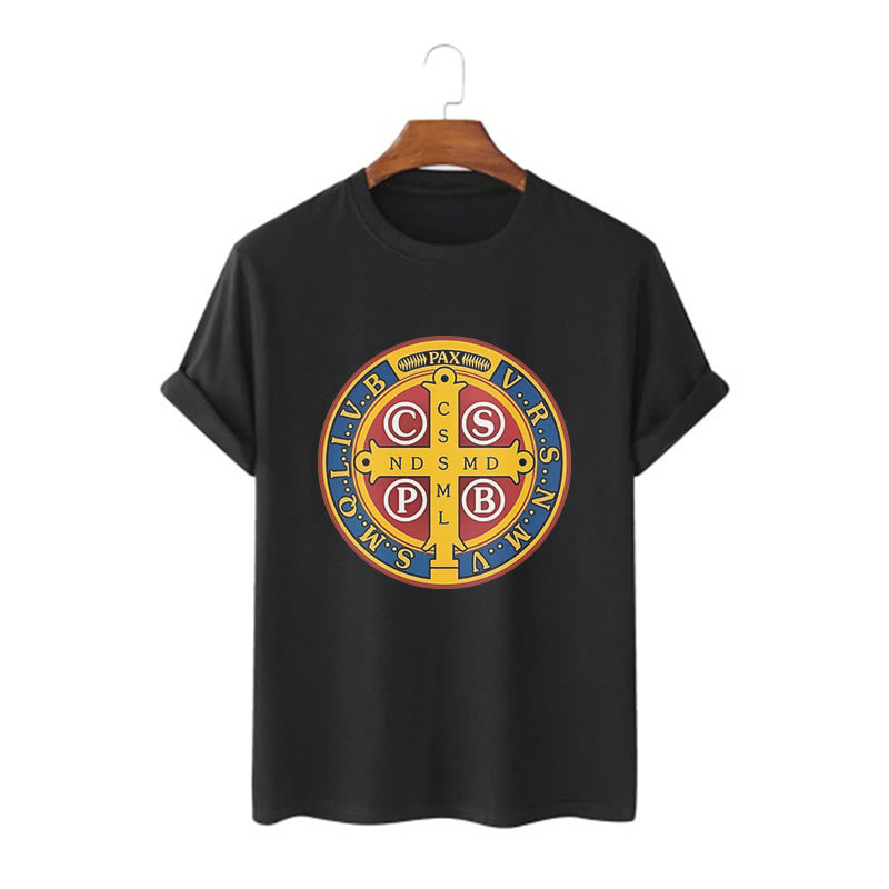 Christianartworkshop Classic Style Golden St. Benedict Medal Short Sleeve T-shirt