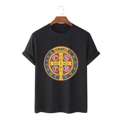 Christianartworkshop Classic Style Golden St. Benedict Medal Short Sleeve T-shirt