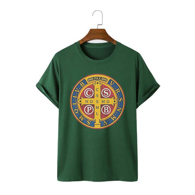 Christianartworkshop Classic Style Golden St. Benedict Medal Short Sleeve T-shirt