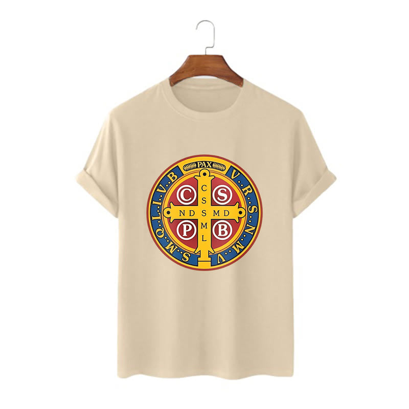 Christianartworkshop Classic Style Golden St. Benedict Medal Short Sleeve T-shirt