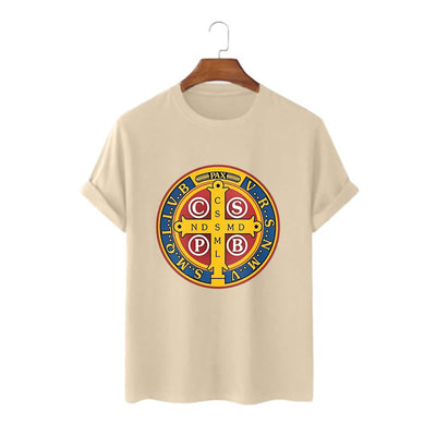 Christianartworkshop Classic Style Golden St. Benedict Medal Short Sleeve T-shirt