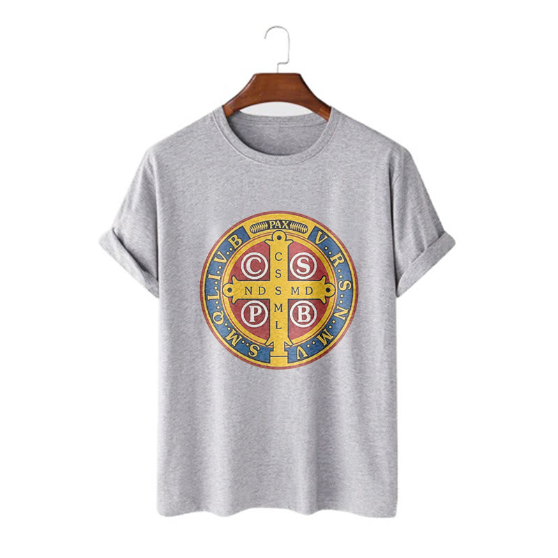 Christianartworkshop Classic Style Golden St. Benedict Medal Short Sleeve T-shirt