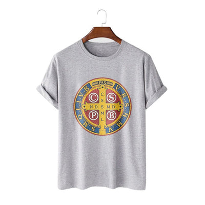 Christianartworkshop Classic Style Golden St. Benedict Medal Short Sleeve T-shirt