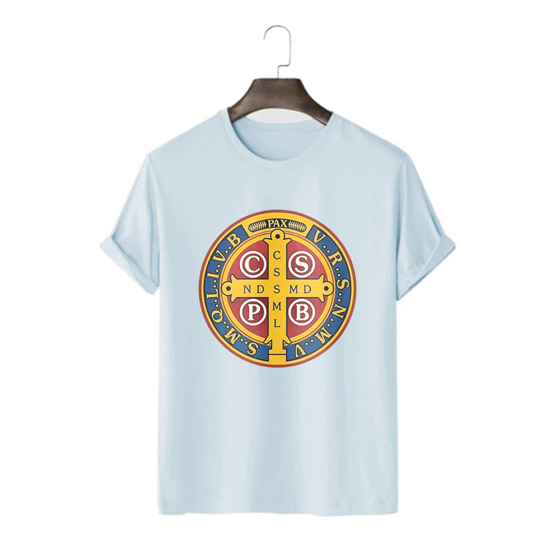 Christianartworkshop Classic Style Golden St. Benedict Medal Short Sleeve T-shirt
