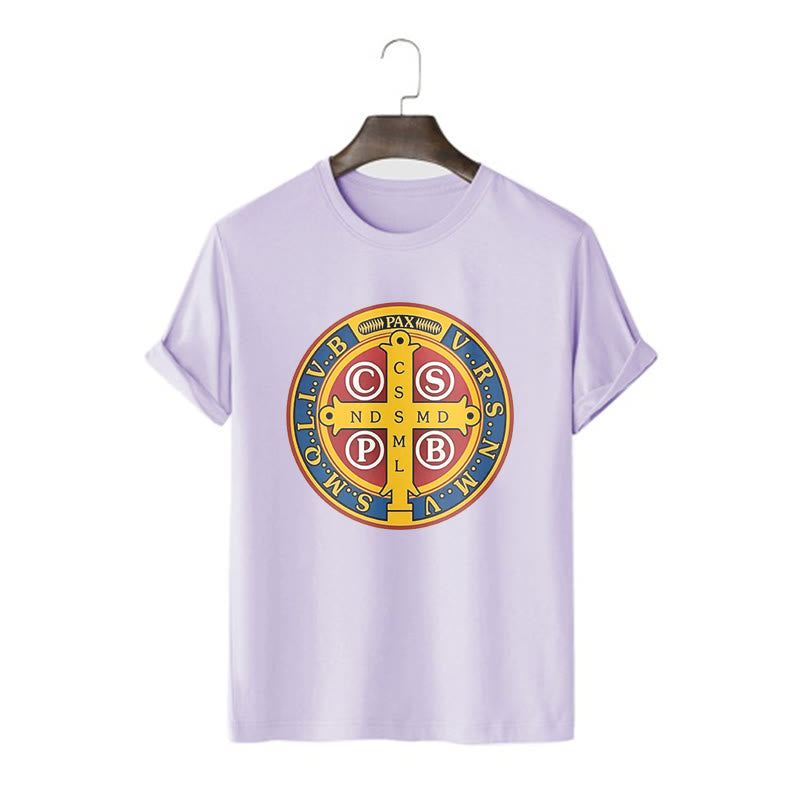 Christianartworkshop Classic Style Golden St. Benedict Medal Short Sleeve T-shirt