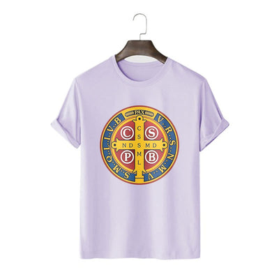 Christianartworkshop Classic Style Golden St. Benedict Medal Short Sleeve T-shirt