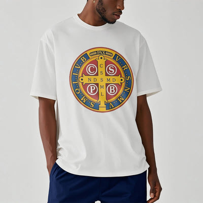 Christianartworkshop Classic Style Golden St. Benedict Medal Short Sleeve T-shirt