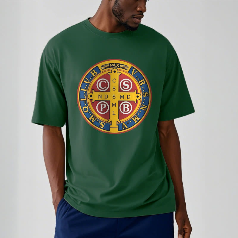 Christianartworkshop Classic Style Golden St. Benedict Medal Short Sleeve T-shirt