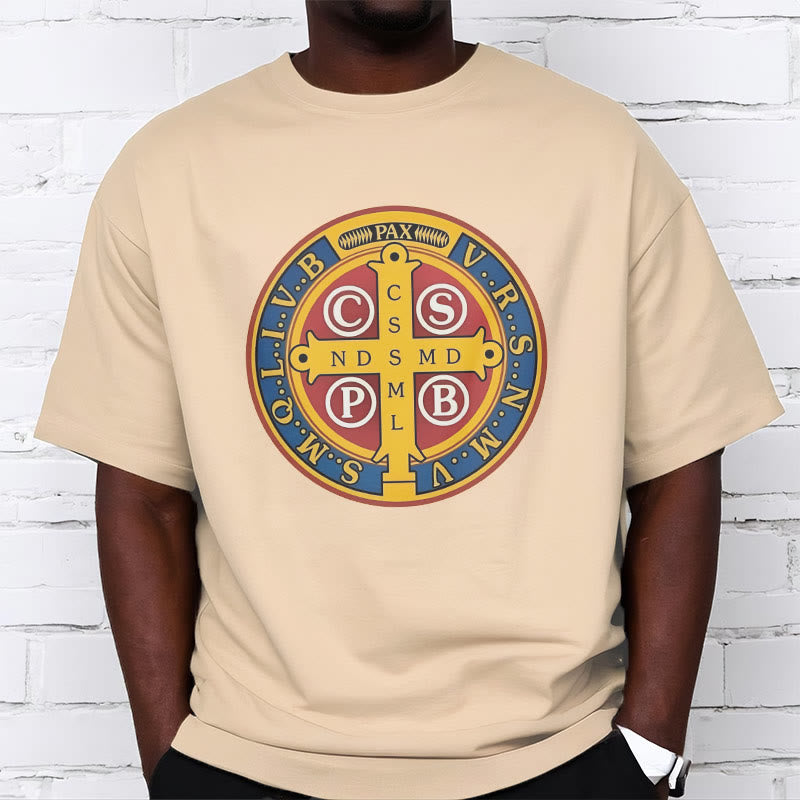 Christianartworkshop Classic Style Golden St. Benedict Medal Short Sleeve T-shirt