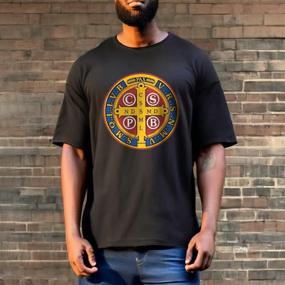Christianartworkshop Classic Style Golden St. Benedict Medal Short Sleeve T-shirt