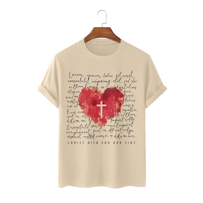 Christianartworkshop Fresh Style Cross and Heart Short Sleeve T-shirt
