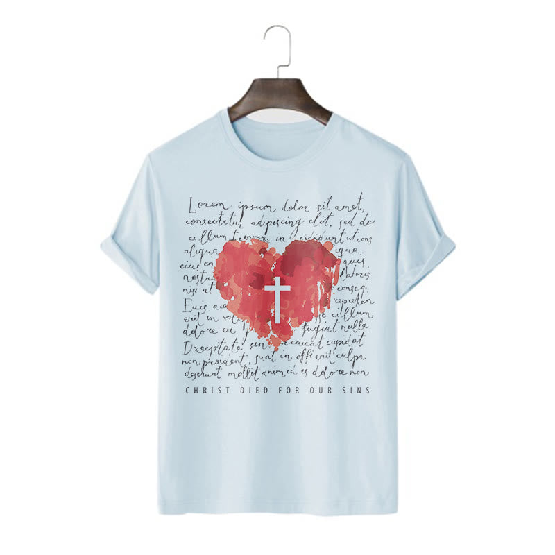 Christianartworkshop Fresh Style Cross and Heart Short Sleeve T-shirt