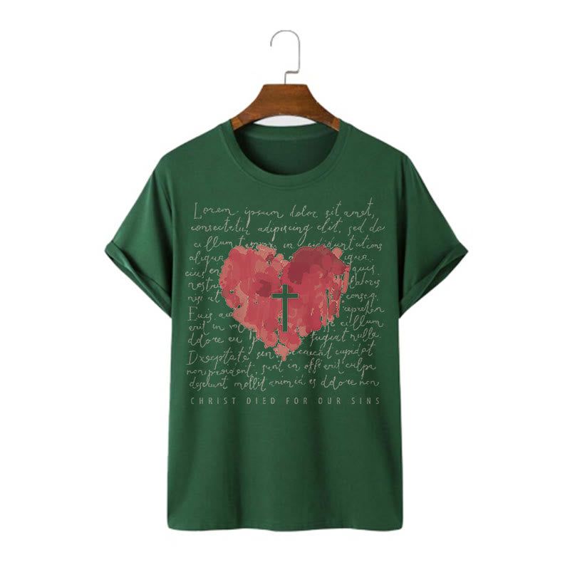 Christianartworkshop Fresh Style Cross and Heart Short Sleeve T-shirt